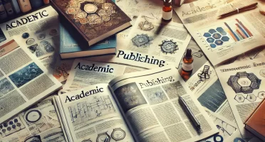 DALL·E 2024-10-03 16.07.33 - A desk covered with scientific journals and academic books spread around, symbolizing academic publishing. The journals have visible titles, abstracts